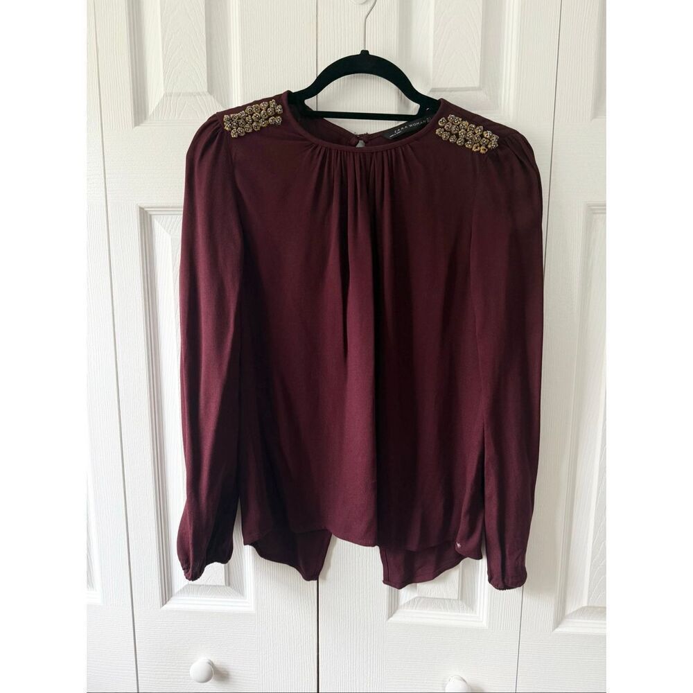 Zara Puff Sleeve Shoulder Studded Maroon Blouse Top Small